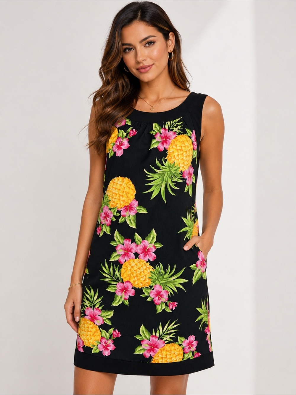 N. Studio Women’s Tropical Pineapple Floral Sleeveless Shift Dress Black Size 6